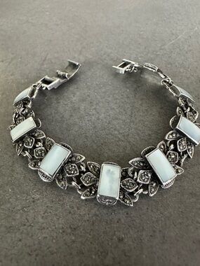 Vintage Sterling Silver Mother of Pearl and Marcasite Bracelet